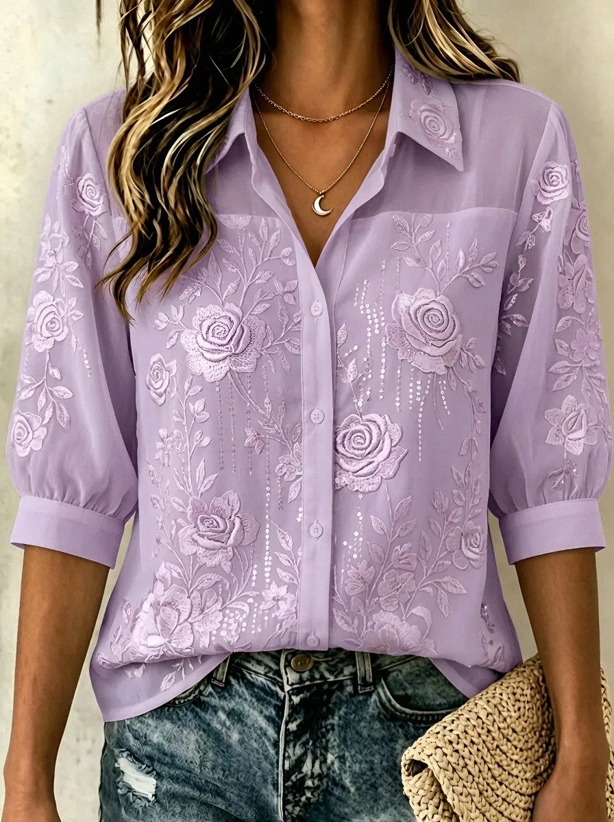 Women's Breast Cancer Awareness Rose Floral Embroidered Button-up Shirt