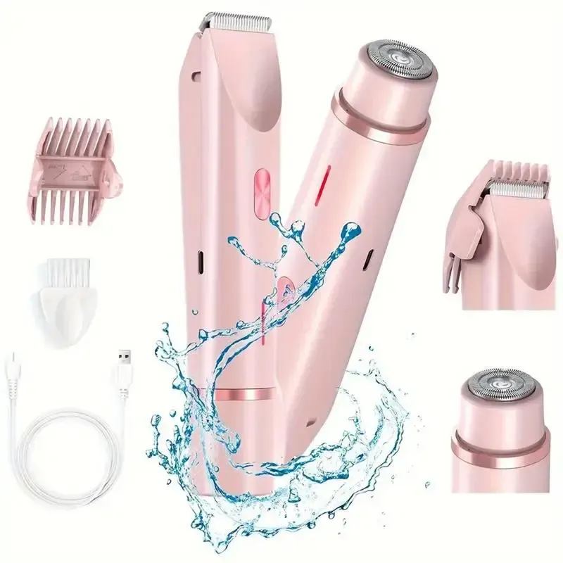 Bikini Trimmer for Women, Electric Shaver and Razor Rechargeable 2-in-1 Body and Facial Epilator, Dual Heads for Painless Trimming of Pubic Hair, Face, Underarms and Legs, Summer Gift