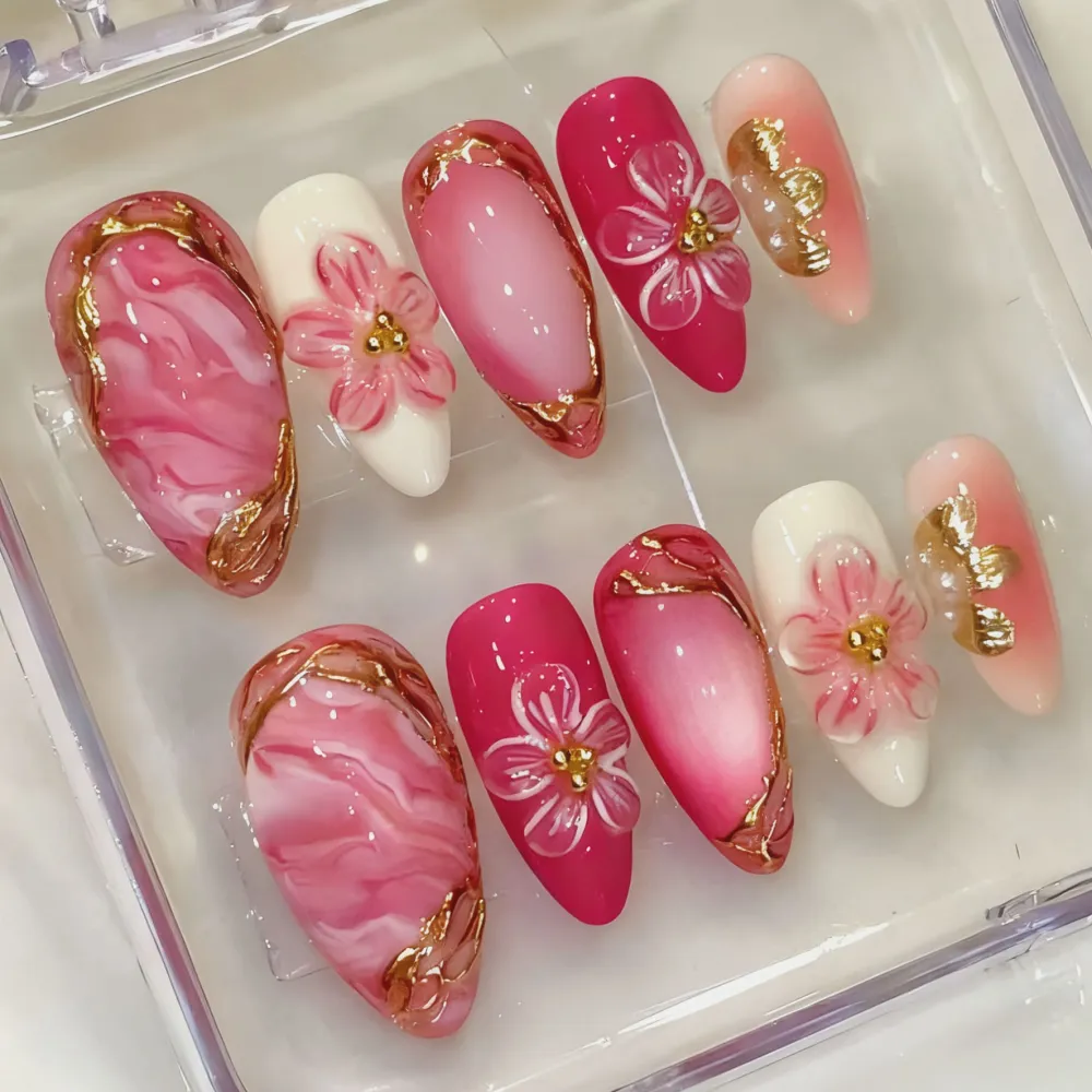 Nailhour 30Pcs Pink Gilded Floral 3D Medium Almond French Press On Nails
