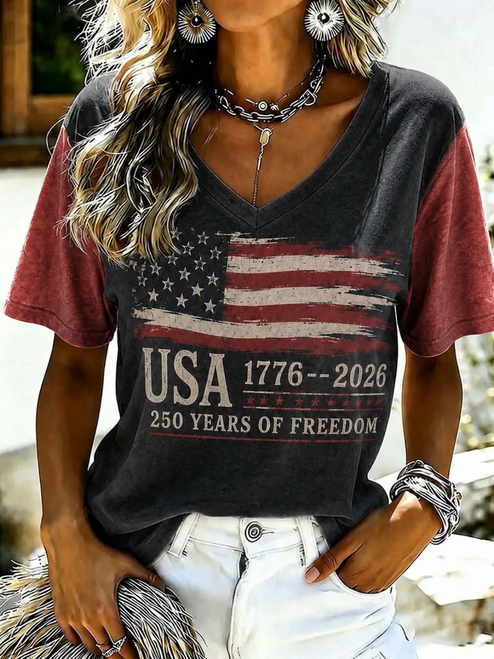 Women'S Retro Independence Day Printed Casual Short Sleeved T-Shirt