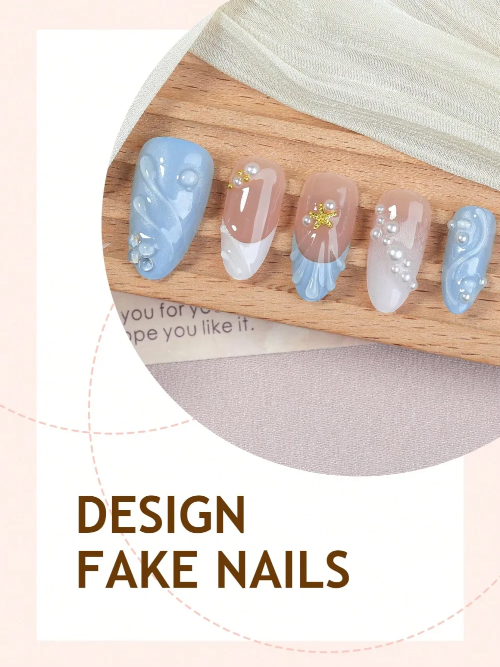 Nailhour 10pcs Summer Pearl Floral Applique Nail Art Almond Blue Fake Nails