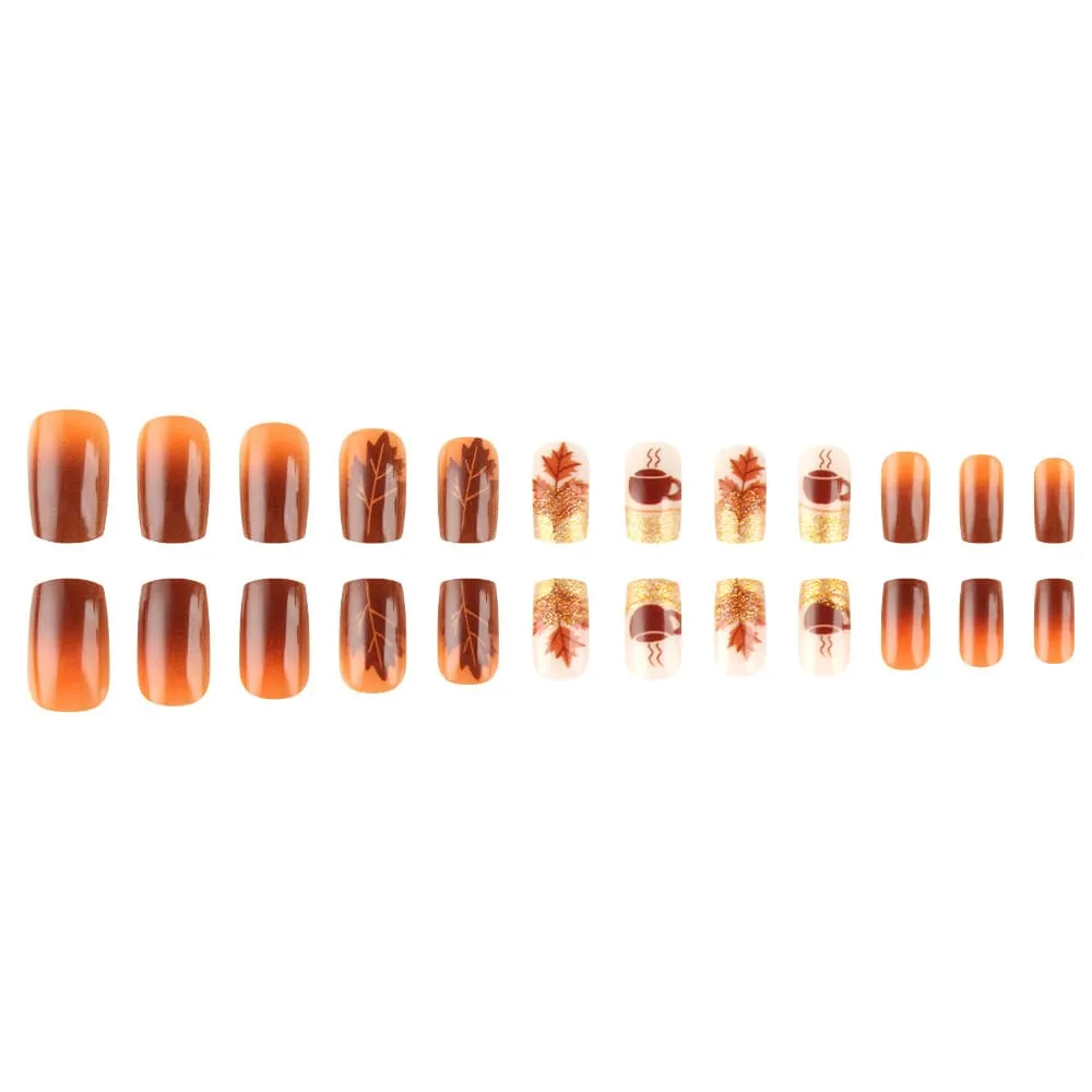 Nailhour 24Pcs Floral Autumn Glitter Medium Square Press On Nails