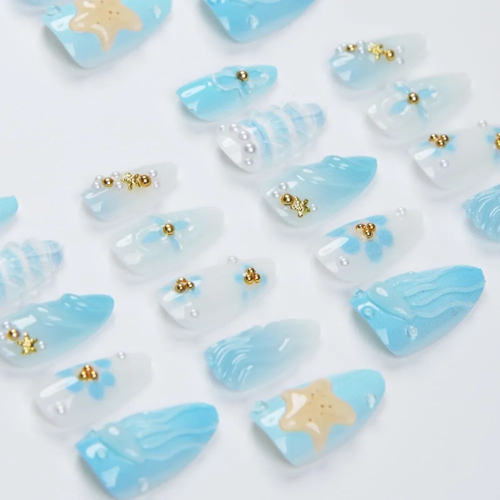 Nailhour 30Pcs Blue Gradient 3D Medium Almond French Press On Nails