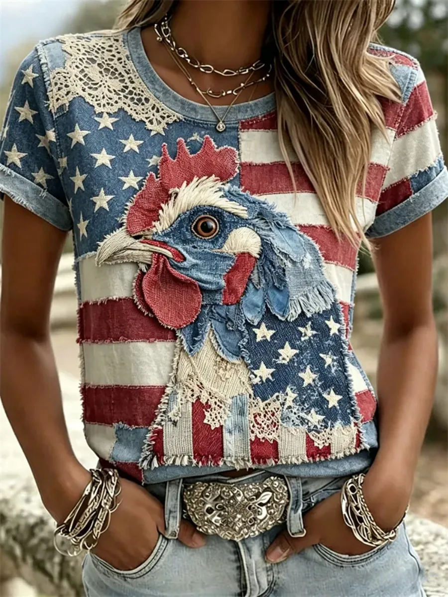 Vintage Rooster American Flag Lace Patchwork T Shirt