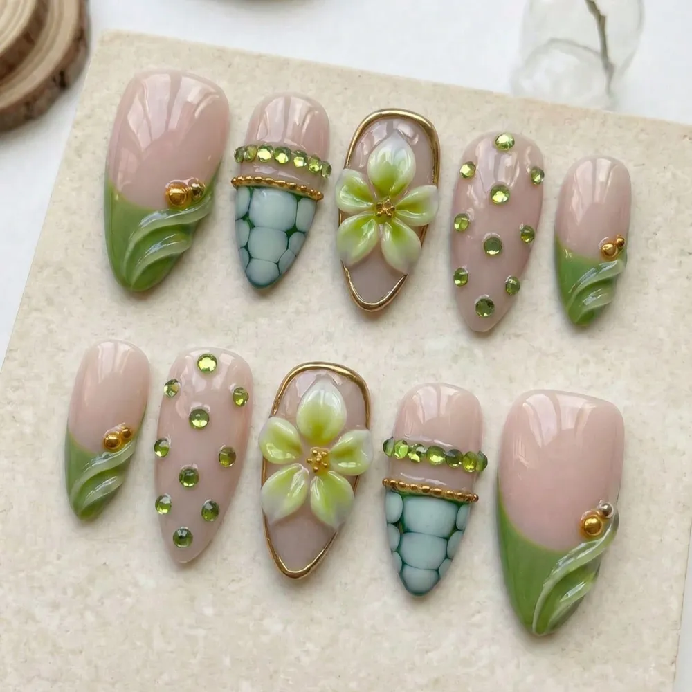 Nailhour 10Pcs Green Floral Handmade Medium Almond 3D French Press On Nails