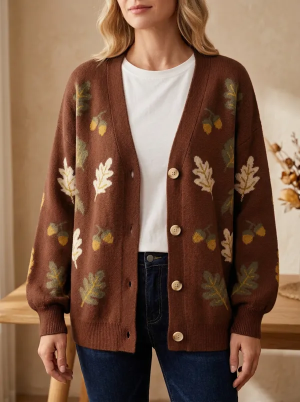 Relaxed Oak Leaf Acorn Patterned Women's Knit Cardigan