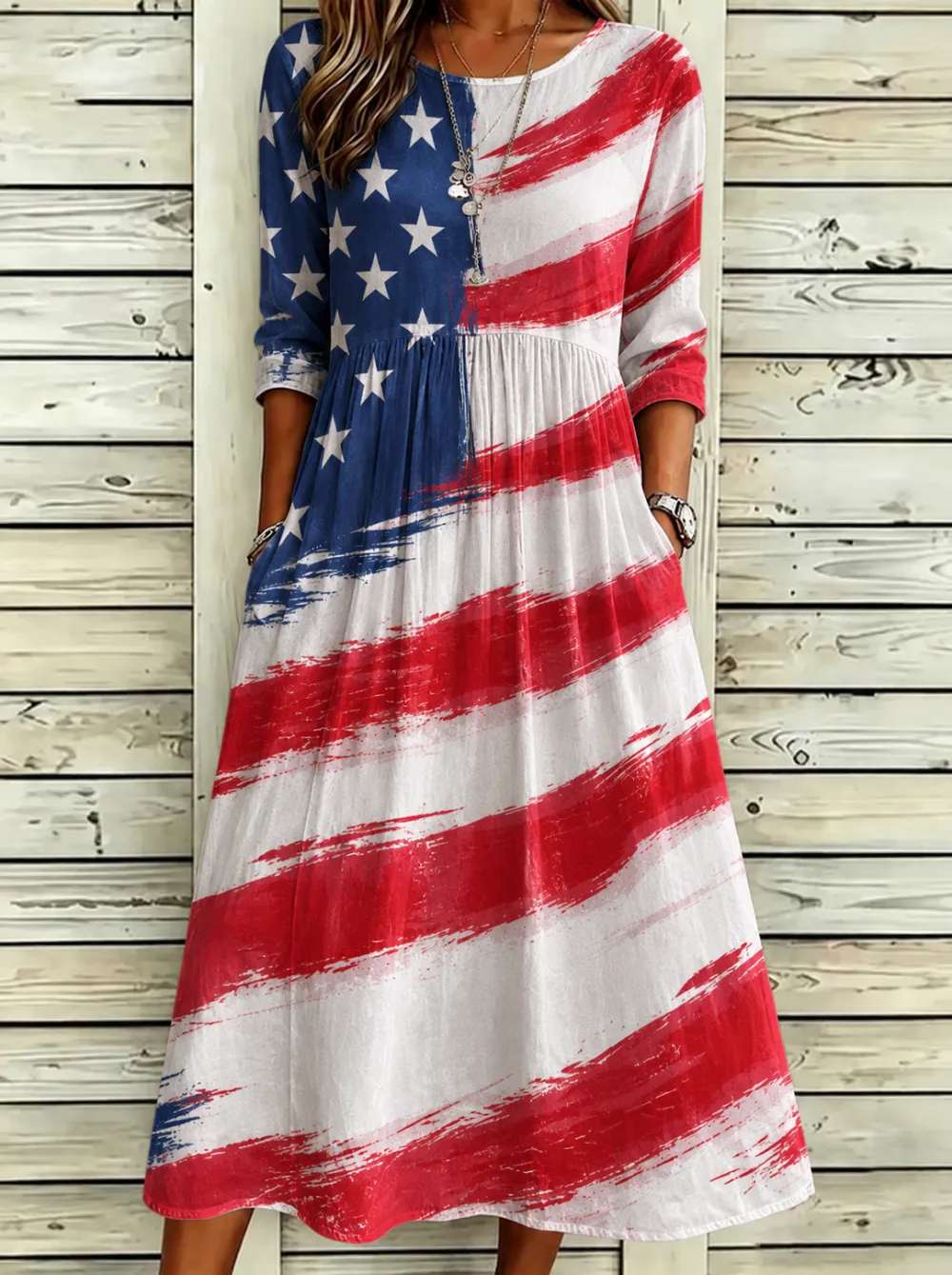 Women'S Casual Flag Art American Independence Day Print Round Neck Dress