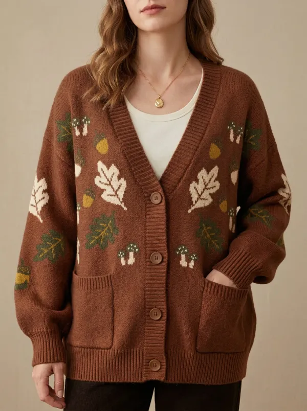 Mushroom Acorn Leaf Patterned Women's Knit Cardigan