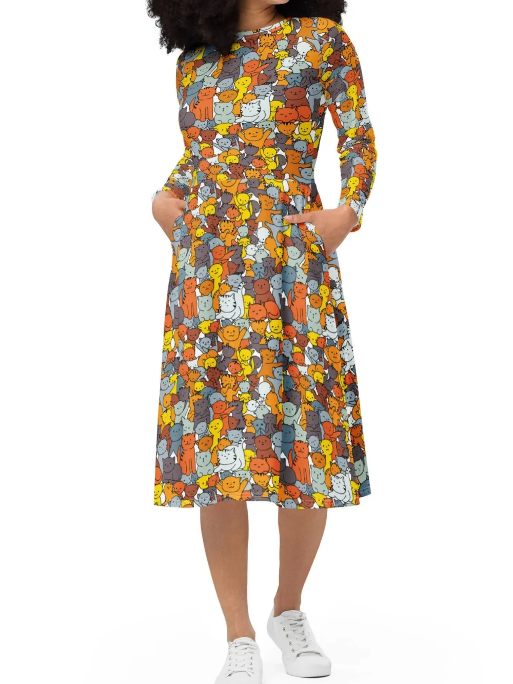 Colorful Cat Print Midi Dress
