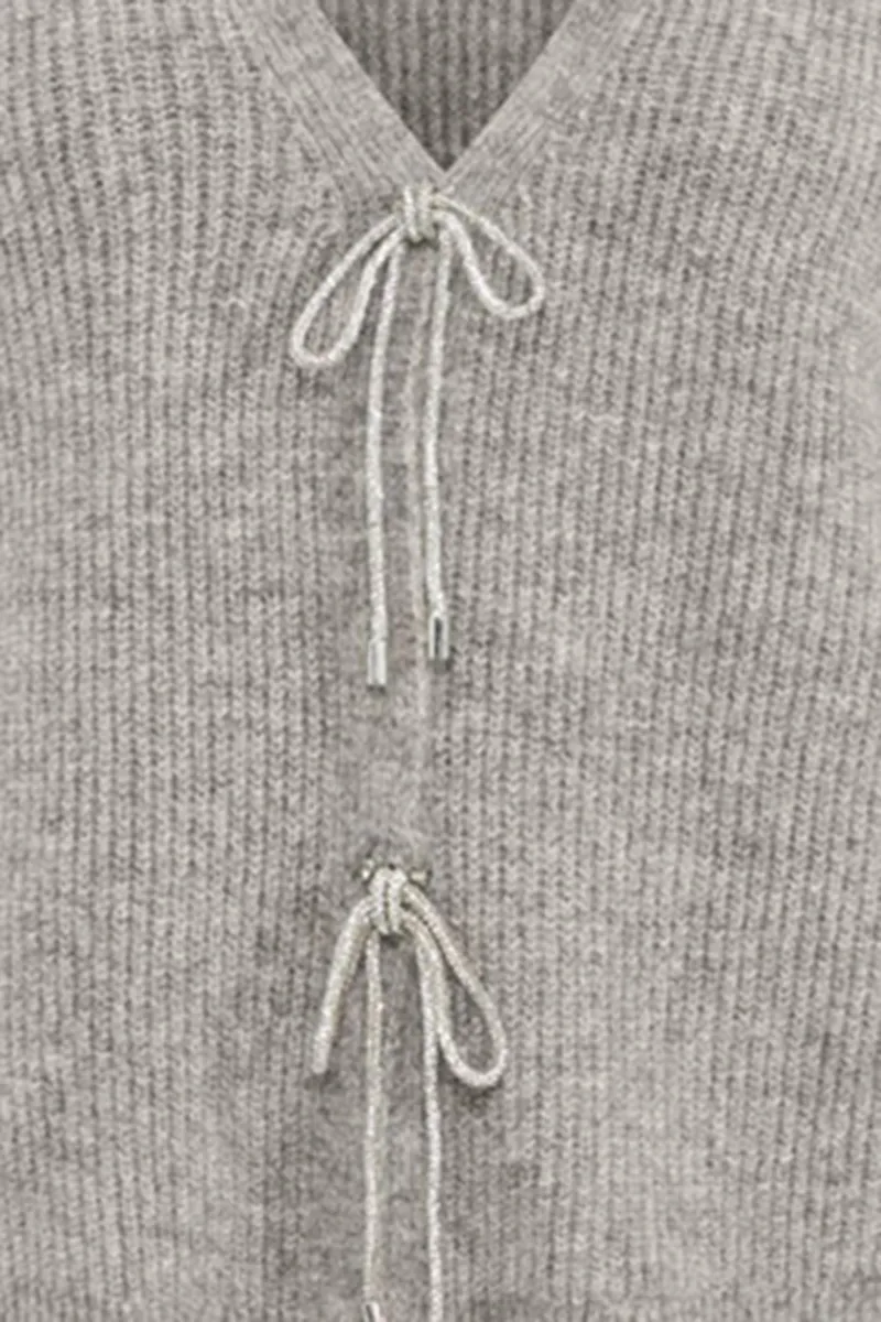 Grey Tie Front V-Neck Knit Cardigans