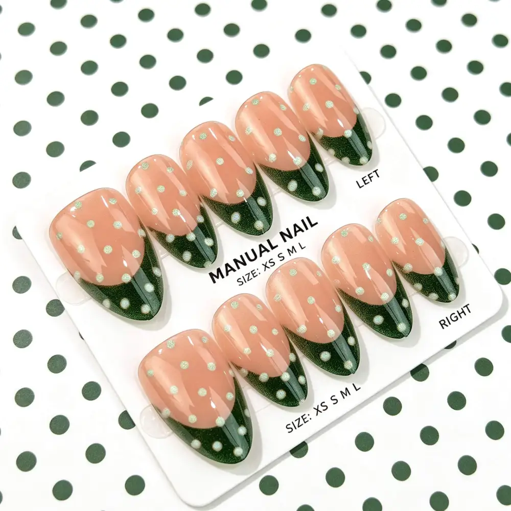 Nailhour 30Pcs Green French Medium Almond Press On Nails