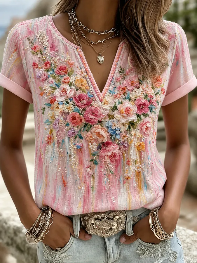 Women's casual cotton and linen short sleeved shirt