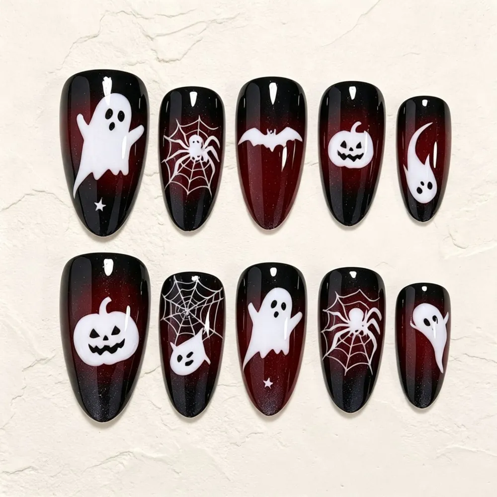 Nailhour 30Pcs Halloween Ghost Medium Almond Cat Eye Press On Nails