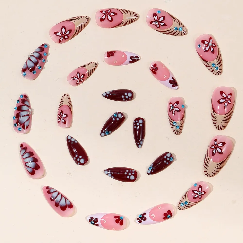 Nailhour 24Pcs Zebra strip Medium Almond French Press On Nails
