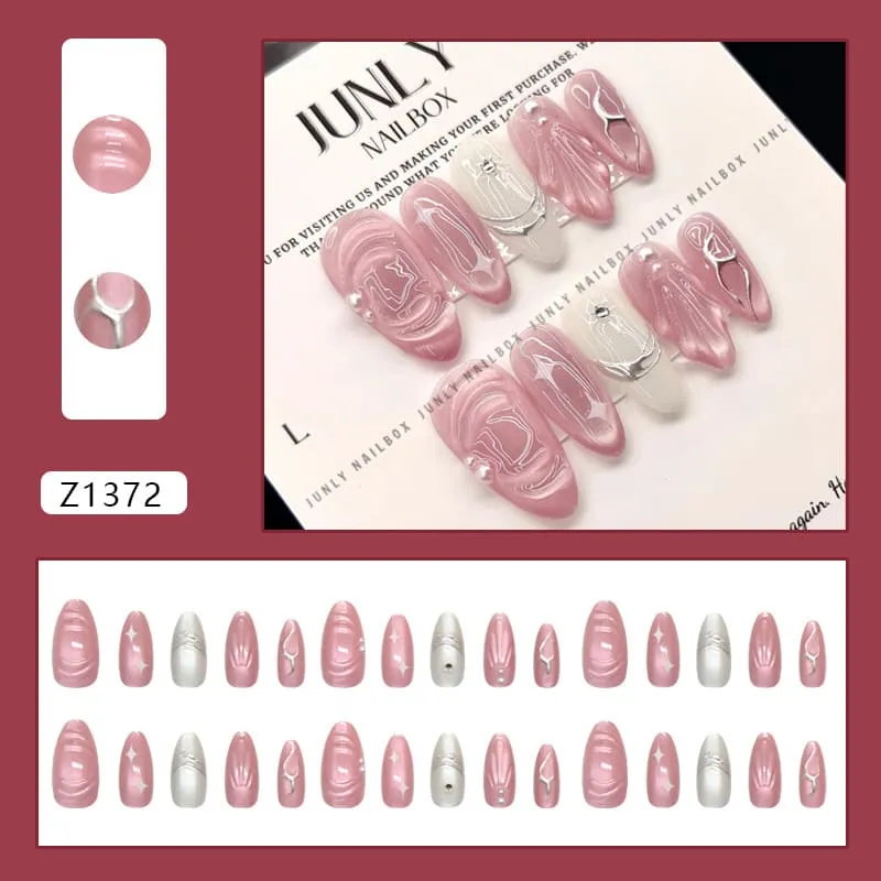 Nailhour 30Pcs 3D Pink Cat Eye Rhinestone Medium Almond Press On Nails