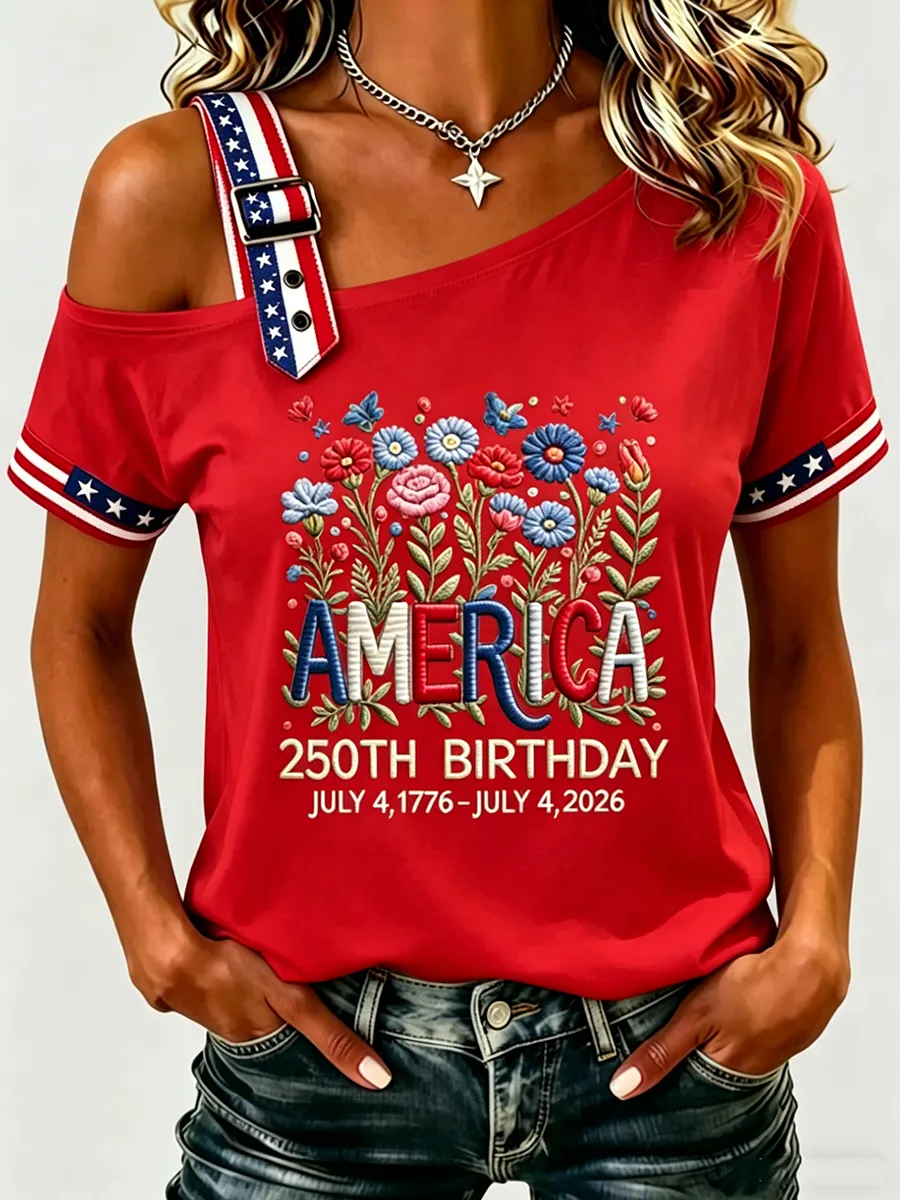 Women'S 250Th Anniversary American Round Neck Shoulder T-Shirt