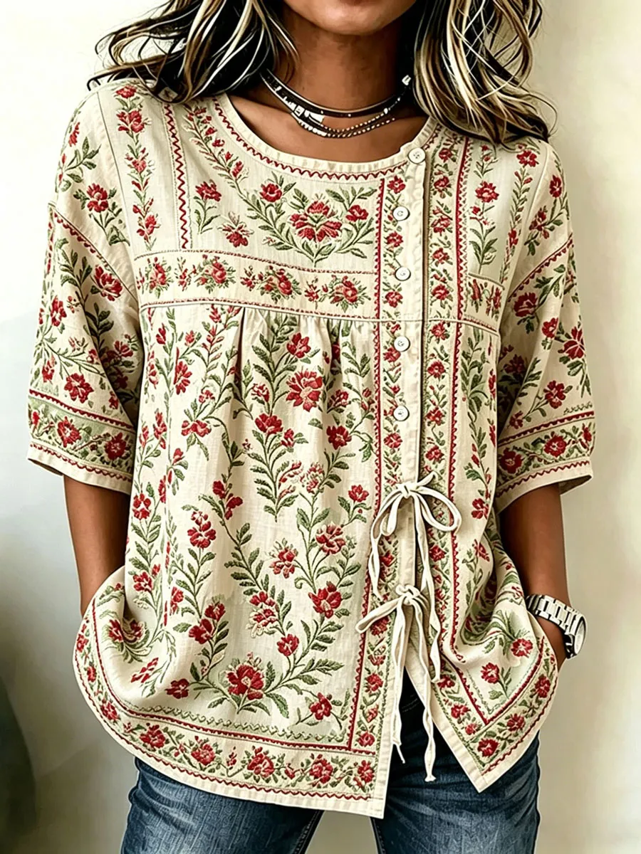 Women'S Cotton And Linen Casual Striped Print Top