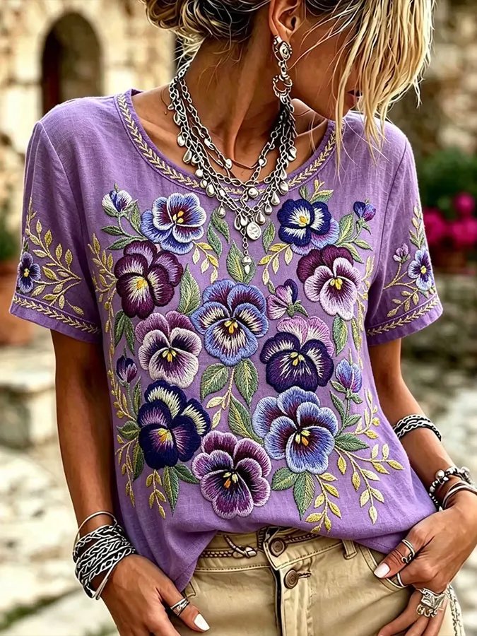Women's Purple Floral Print Linen Shirt