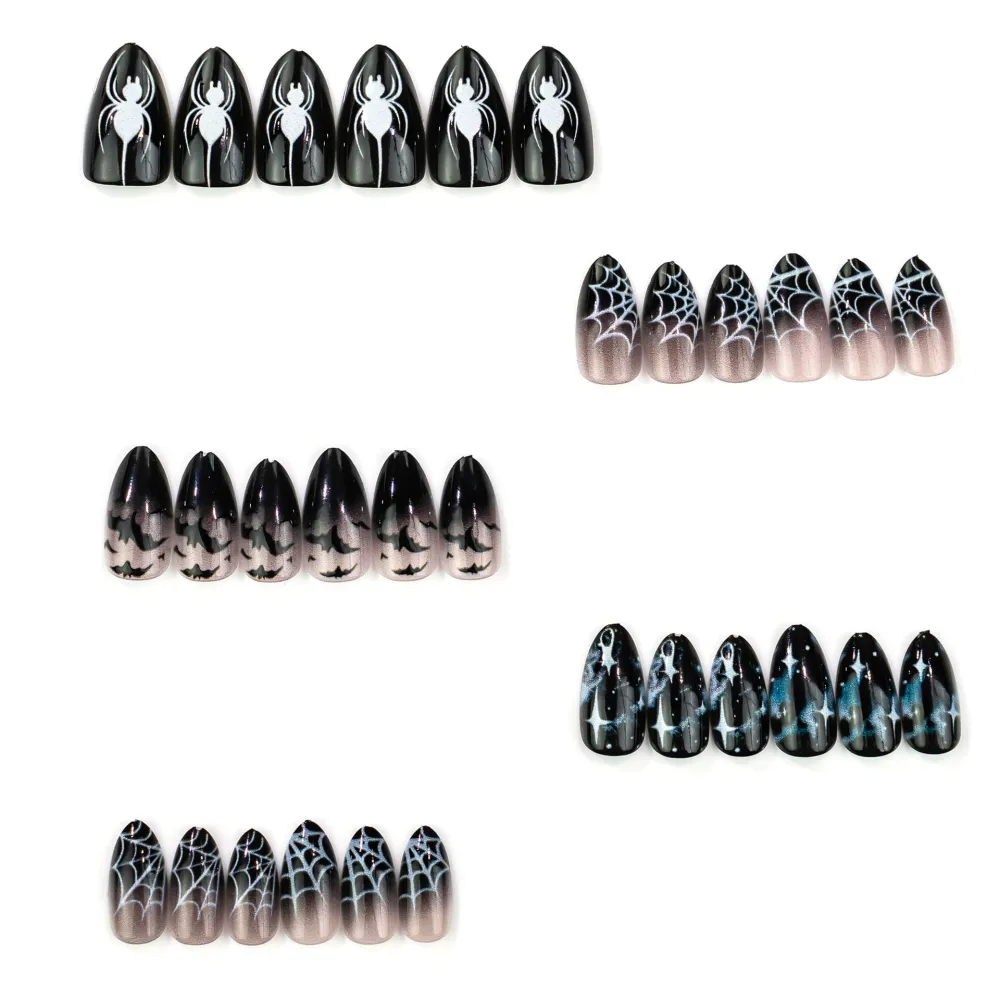 Nailhour 30Pcs Black Spider Web Halloween Short Almond Press On Nails