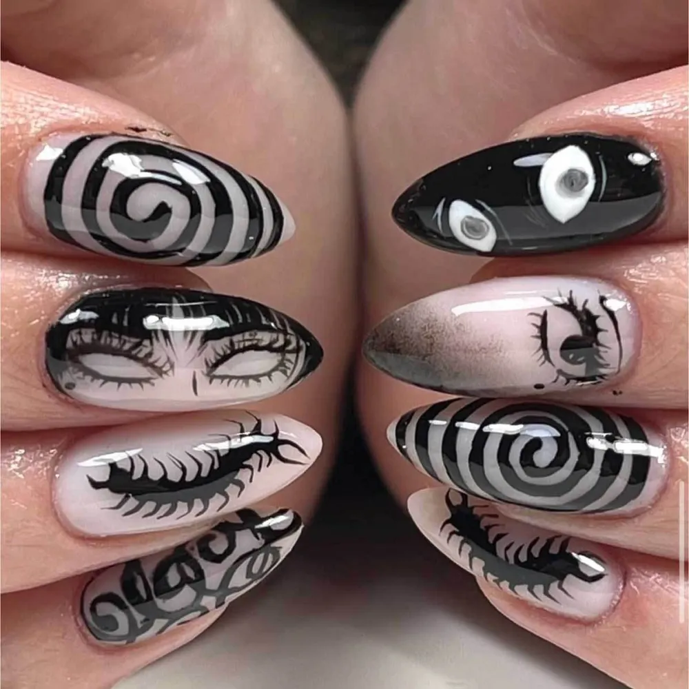 Nailhour 24Pcs Black Gothic Vintage Medium Almond Press On Nails