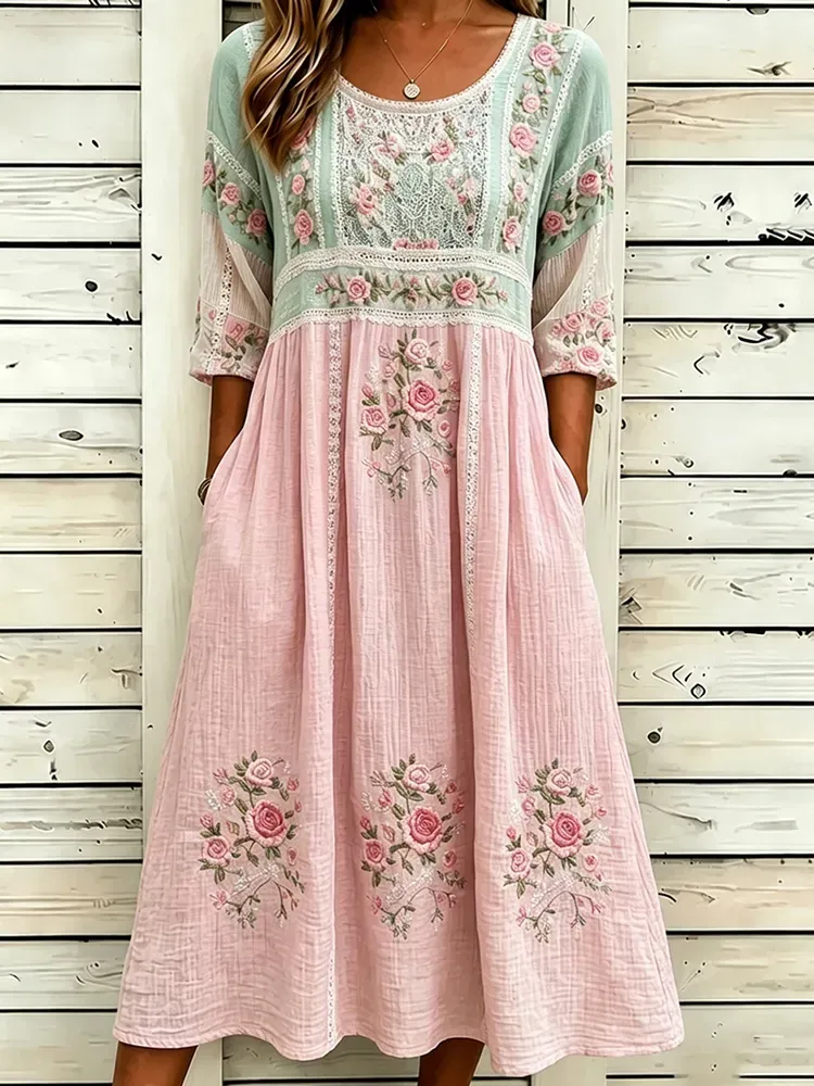 Women's Vintage Pink Floral Patchwork Art Midi Dress