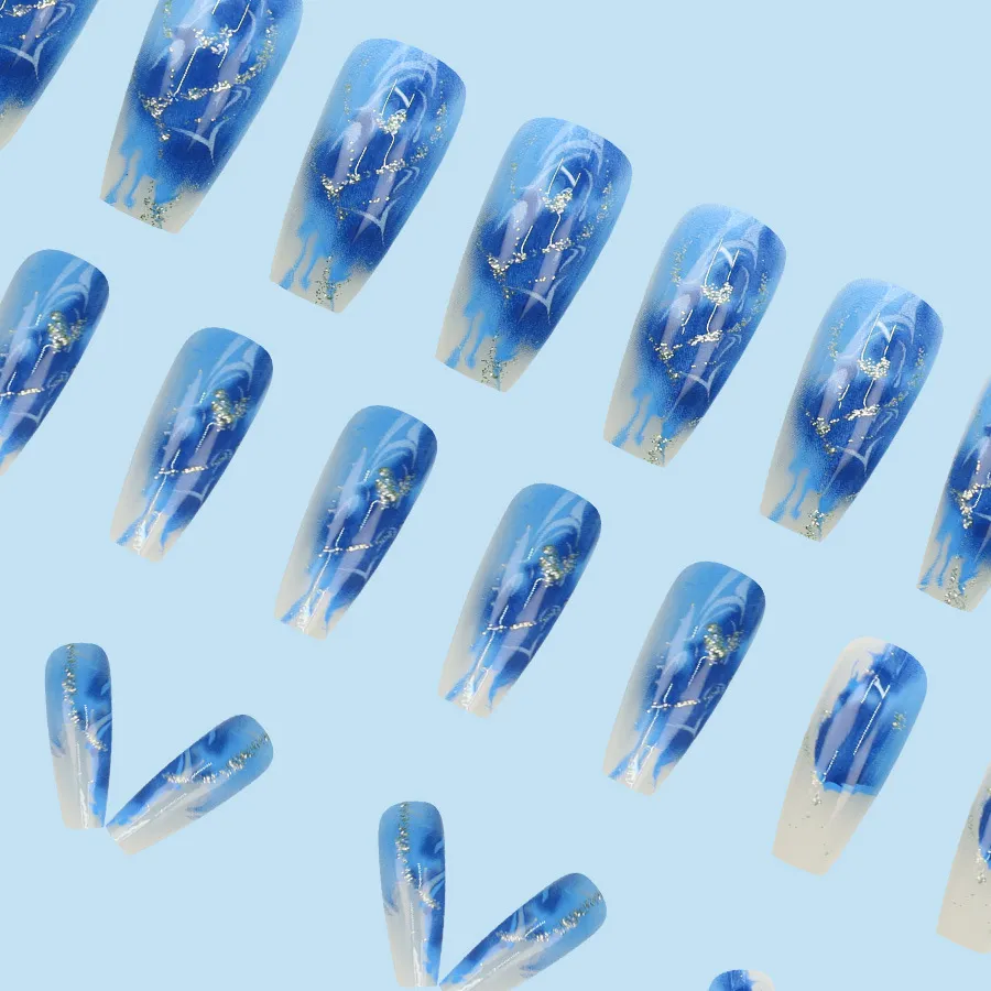 Nailhour Hot Girl Glitter Heart Nail Art 24Pcs Blue Press On Nails