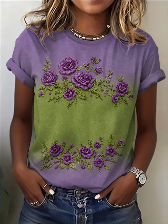Women'S Casual Purple Floral Art T-Shirt