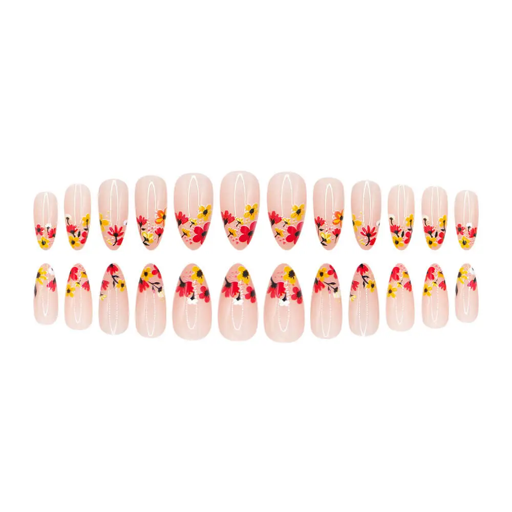 Nailhour 24Pcs French Short Almond Multicolor Floral Press On Nails