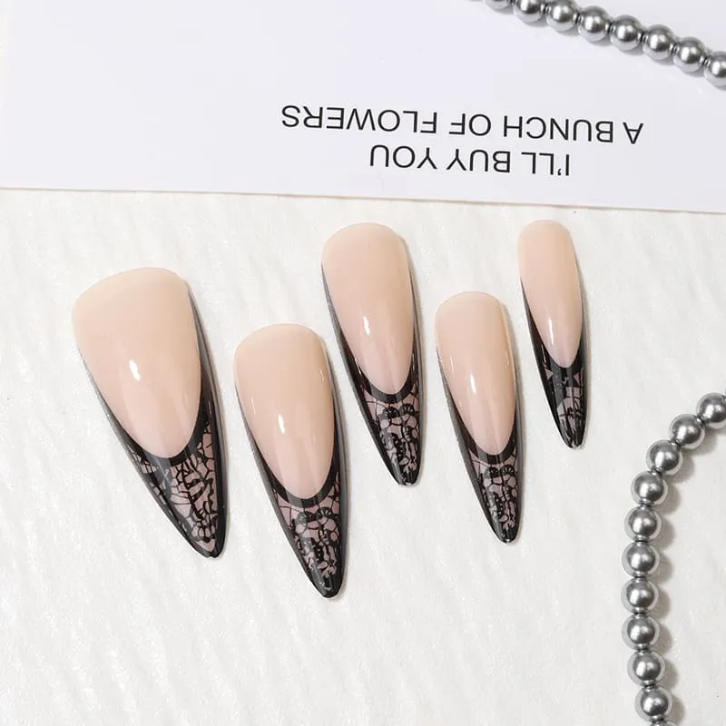 Nailhour 24Pcs Black Floral 3D Medium Almond French Lace Press On Nails