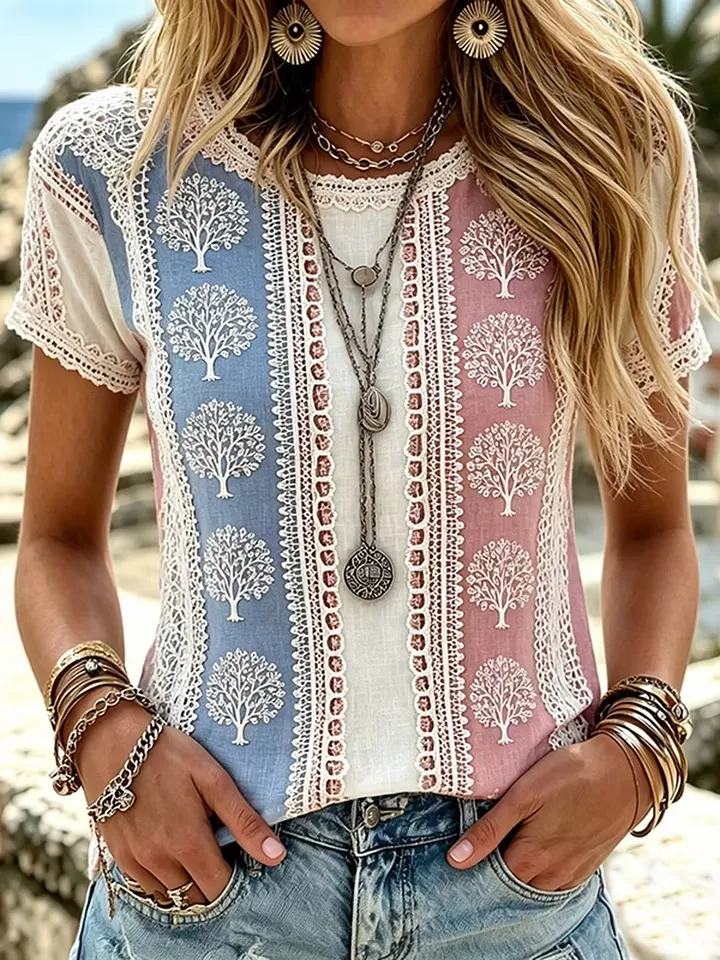 Women's Romantic Tree Of Life Color Block Art Flowy Casual T-shirt