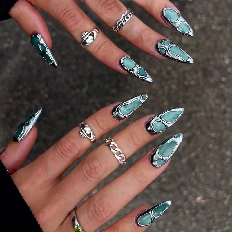 Nailhour 24Pcs Aurora Metal Medium Almond Press On Nails