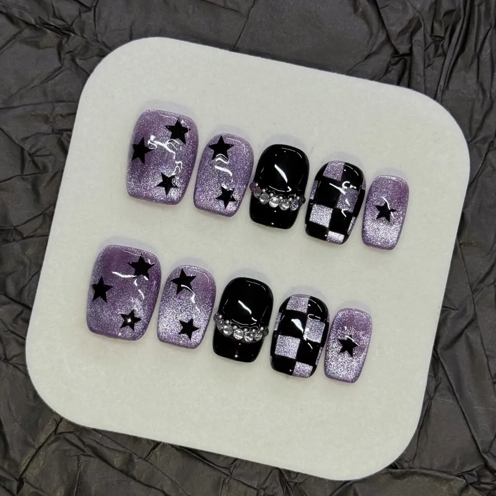 Nailhour 10Pcs Purple Gothic Cat Eye Short Square Press On Nails