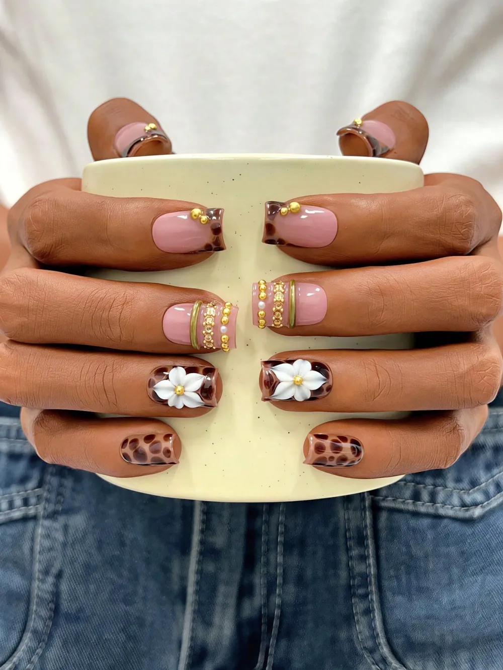 Nailhour 10 Pcs Handmade 3D Floral French Y2K Party Square Press On Nails