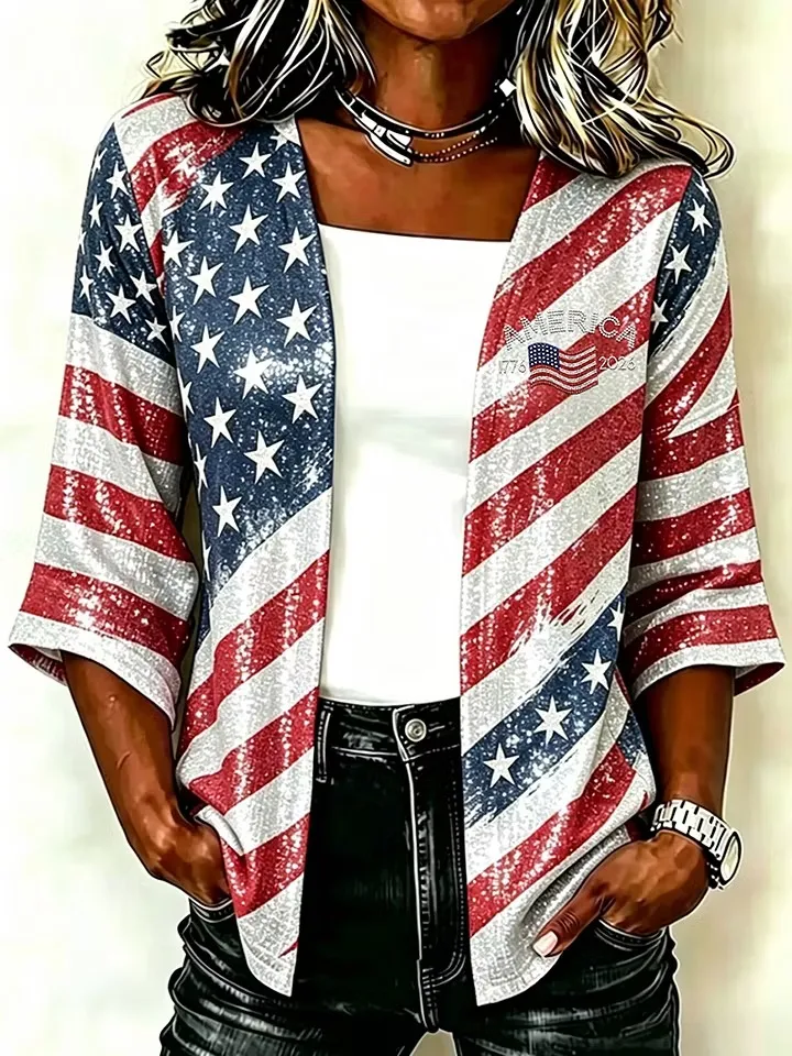 Women's Retro Independence Day Anniversary Flag Print Kimono Cardigan