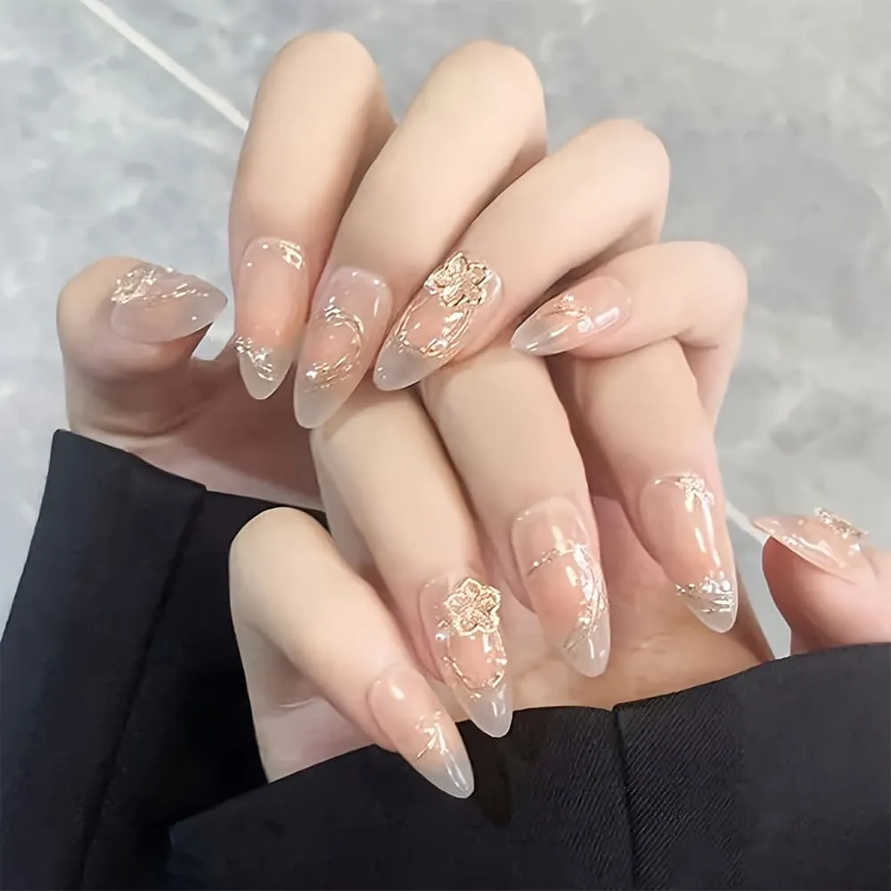 Nailhour 10Pcs French Floral Gradient Gilded Pink Medium Almond Press On Nails
