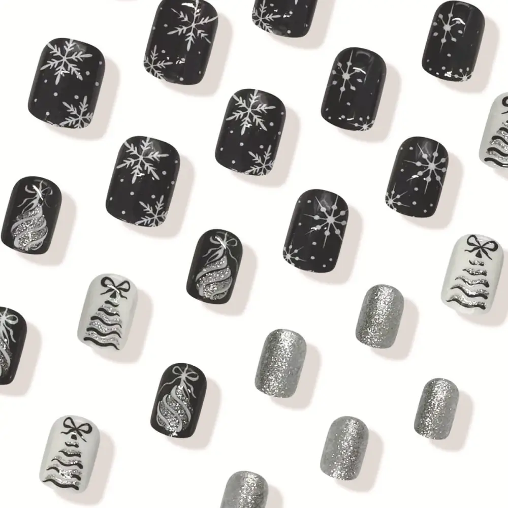 Nailhour 24Pcs Christmas Medium Squoval Tree And Snowflake Press On Nails