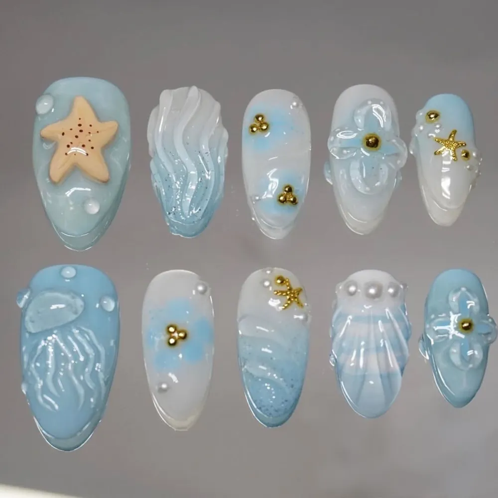 Nailhour 30Pcs Blue Gradient 3D Medium Almond French Press On Nails