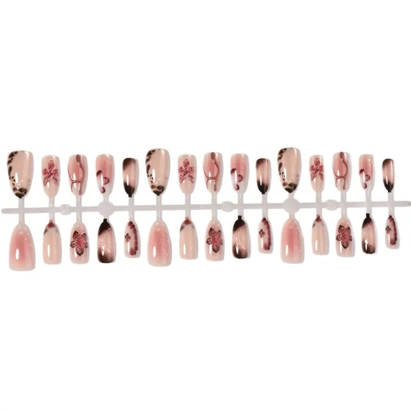Nailhour 30Pcs French Brown Gradient Floral Medium Almond Press On Nails