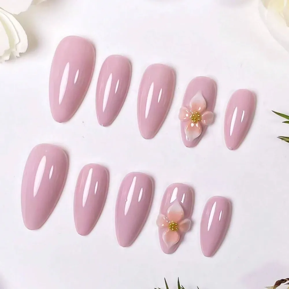 Nailhour 10Pcs Handmade Medium Almond 3D Purple Floral Nude Press On Nails