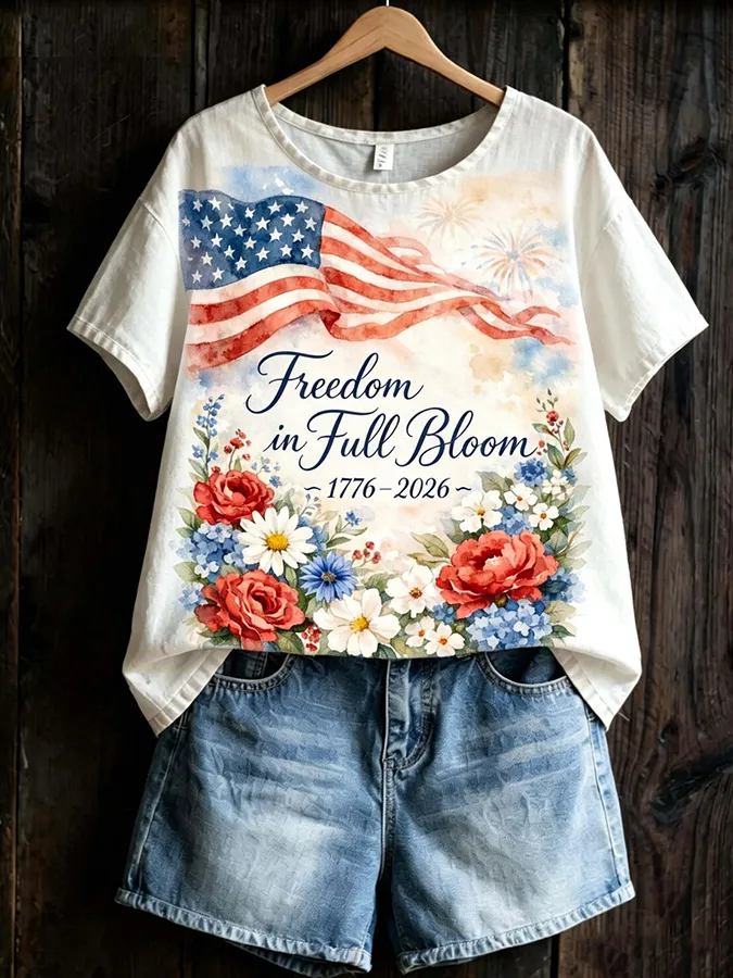 Women's Casual Independence Day (Flag) Crew Neck Short Sleeve T-shirt