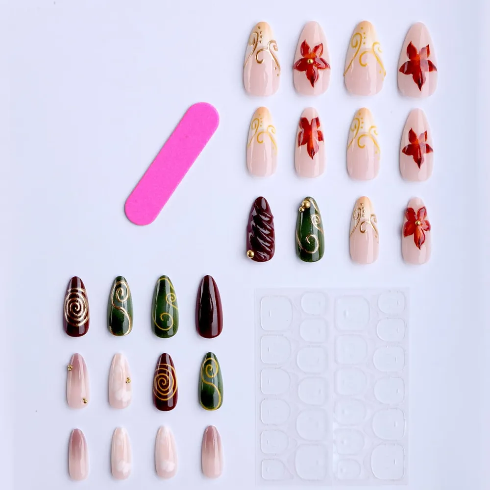 Nailhour 24Pcs Gilded French 3D Floral Medium Almond Press On Nails