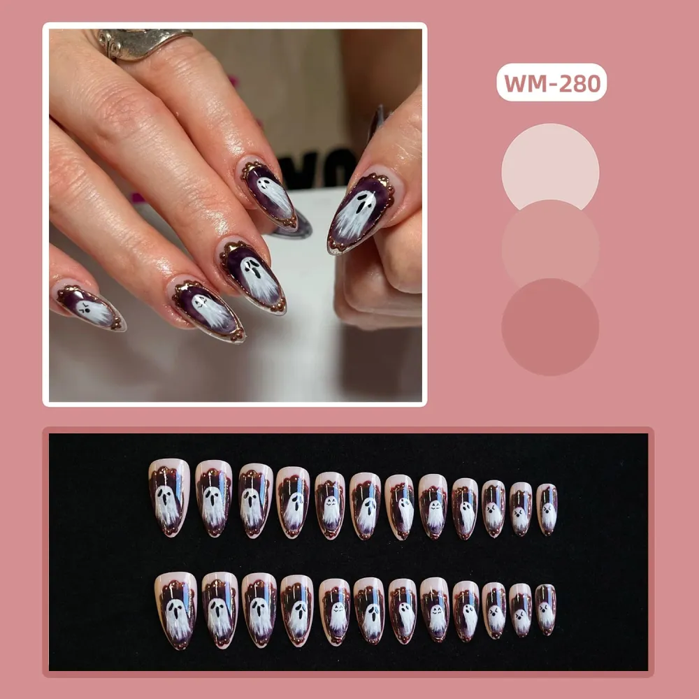 Nailhour 24Pcs Ghost Halloween Medium Almond Press On Nails