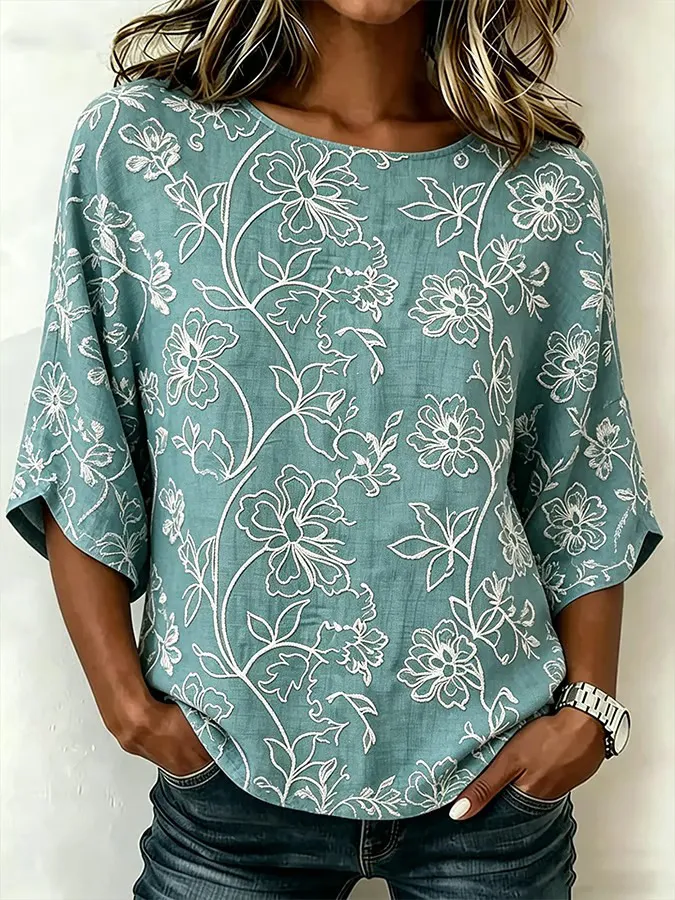Women's Casual Round-Neck Printed Cotton