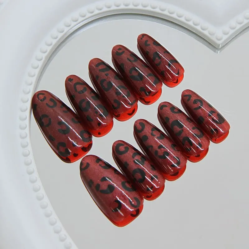 Nailhour 30Pcs Red Vintage French Medium Almond Press On Nails