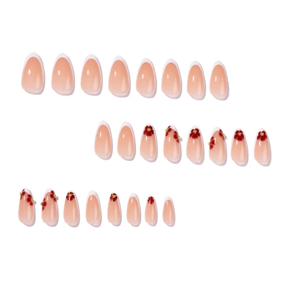 Nailhour 24Pcs French Medium Almond 3D Gilded Floral Press On Nails