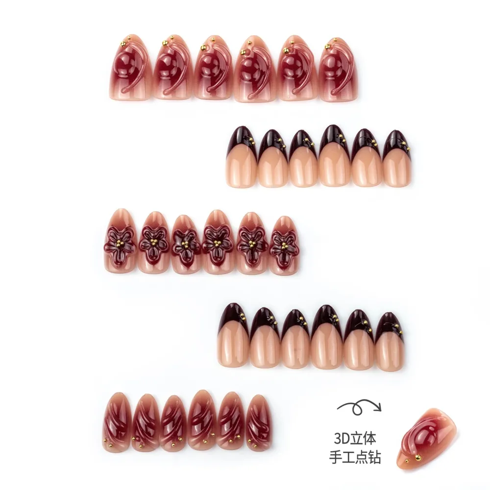 Nailhour 30Pcs French Floral Medium Almond 3D Press On Nails