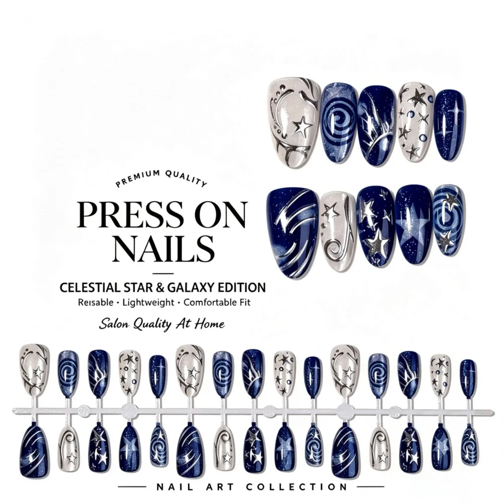 Nailhour 30Pcs Dark Metallic Medium Almond French Press On Nails