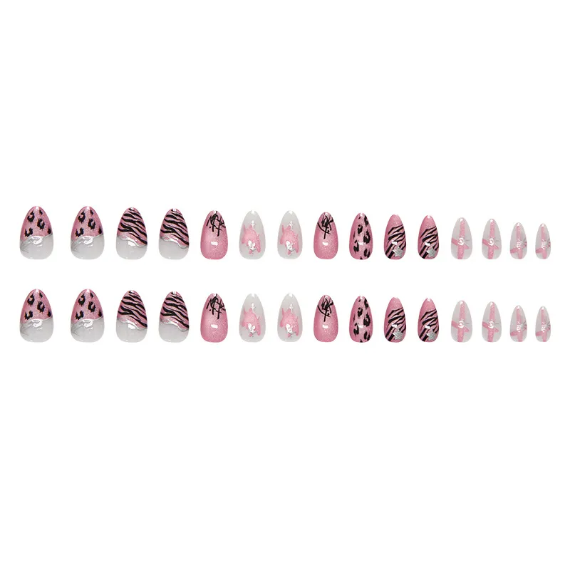 Nailhour 30Pcs Pink Gradient Cat Eye Medium Almond Press On Nails