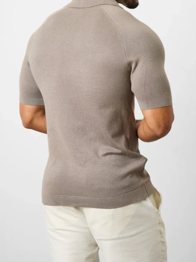 Muted Gray Textured Open Collar Knitted Polo Shirt