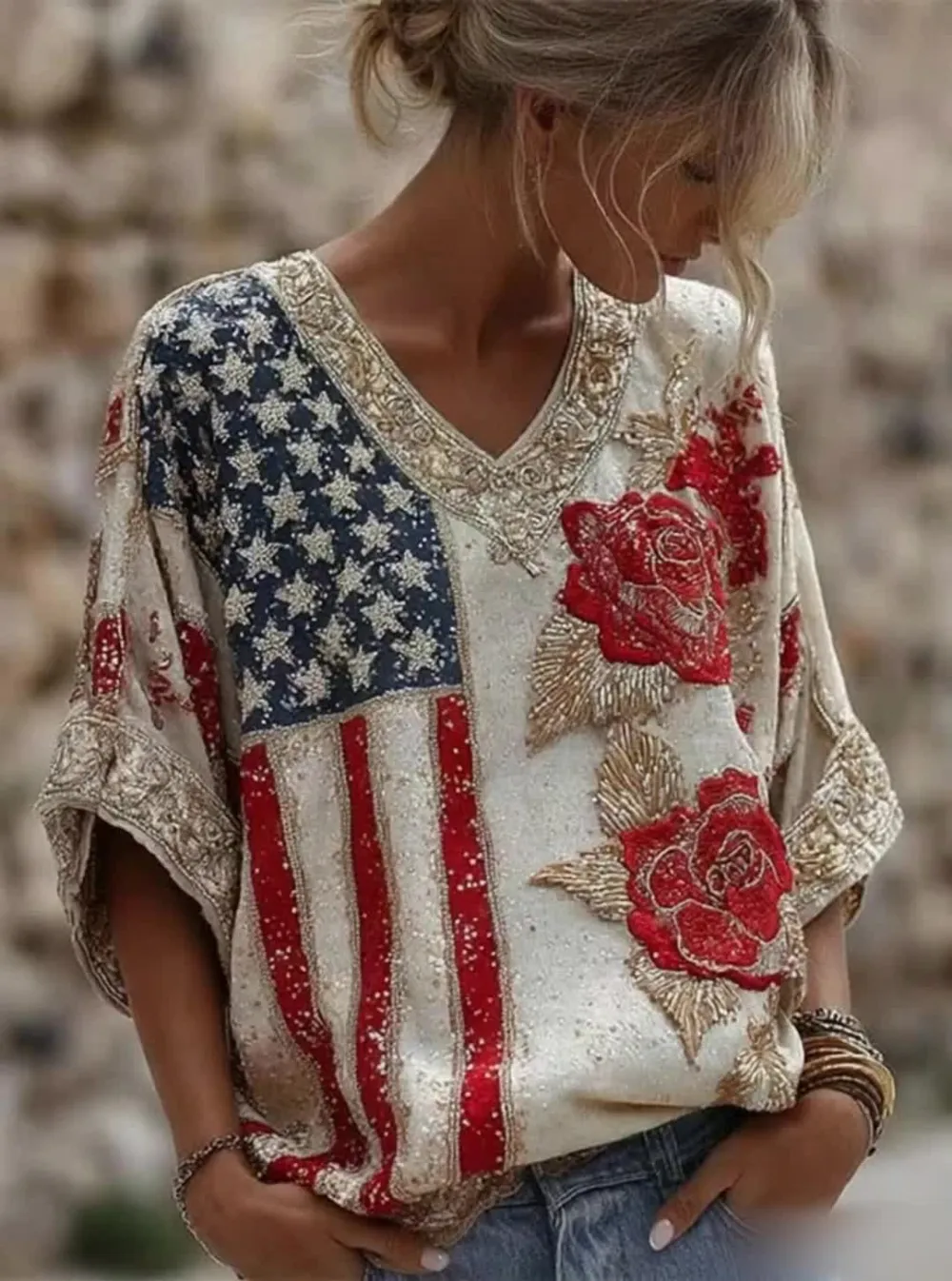 Women'S Casual Independence Day Print Top